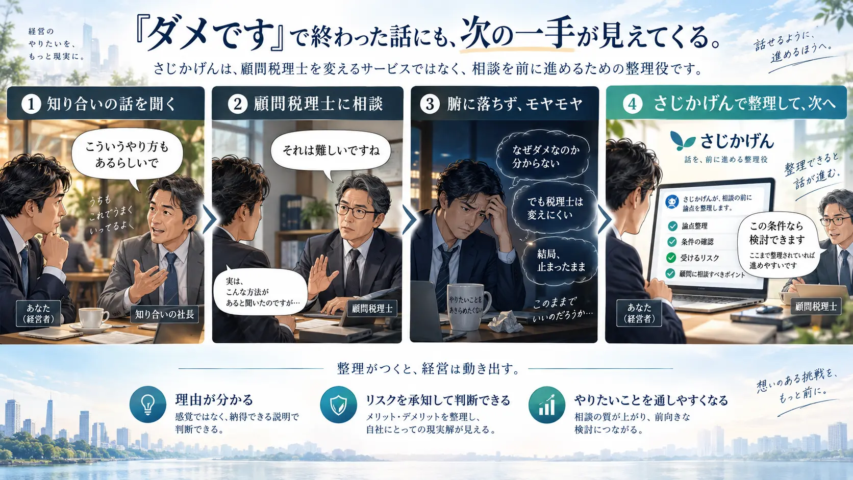 知り合いの話を聞き、顧問税理士へ相談して止まった話を、さじかげんで整理して次へ進めるサービスの流れ